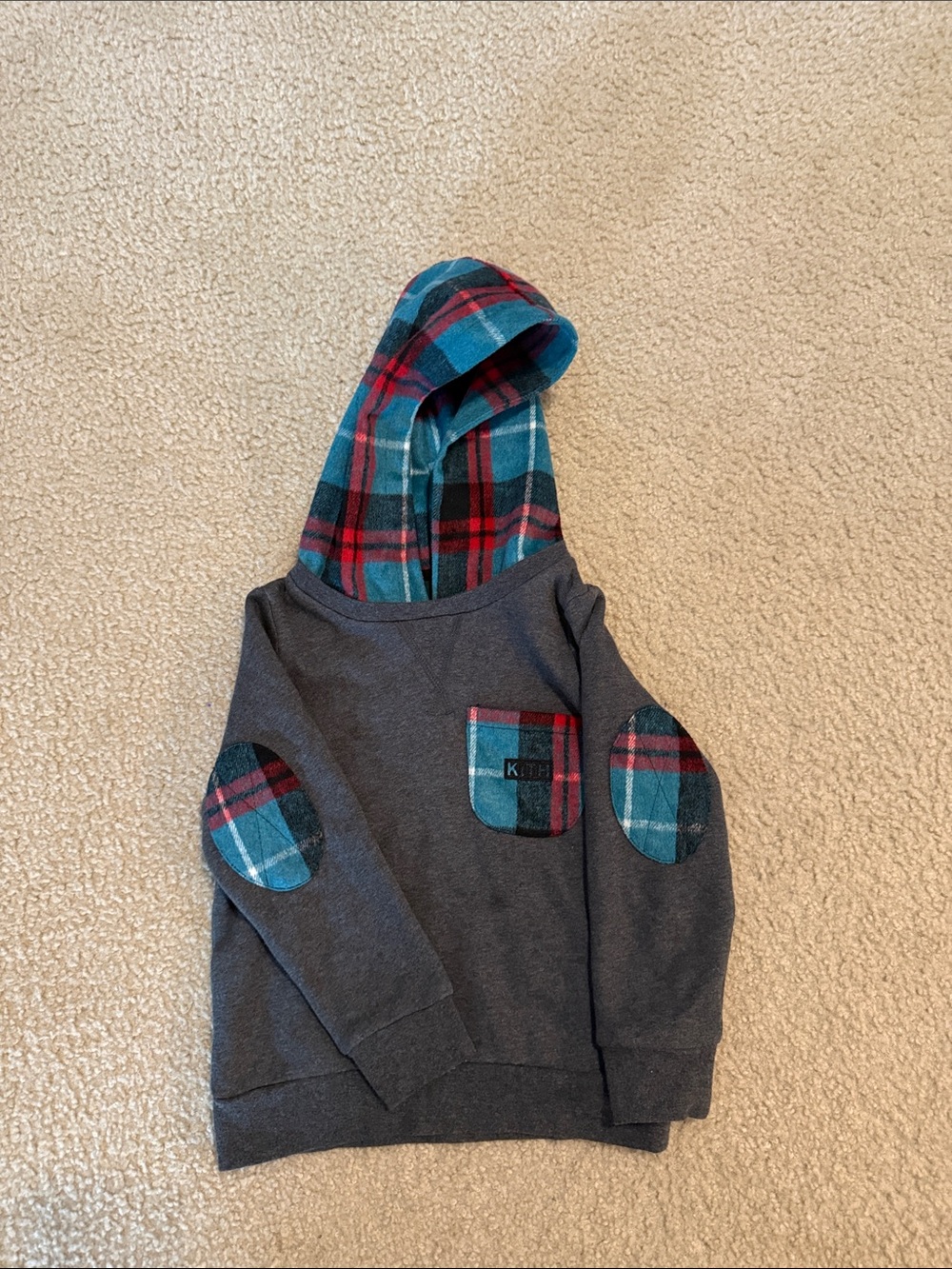 Kith Kid’s  Gray Crewneck Sweater with Teal and Red Plaid Hood